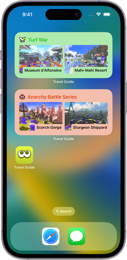iPhone running Splatlands Travel Guide, showing the iOS Home Screen with widgets that show the current stages