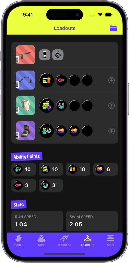 iPhone running Splatlands Travel Guide, showing a loadout with its stats